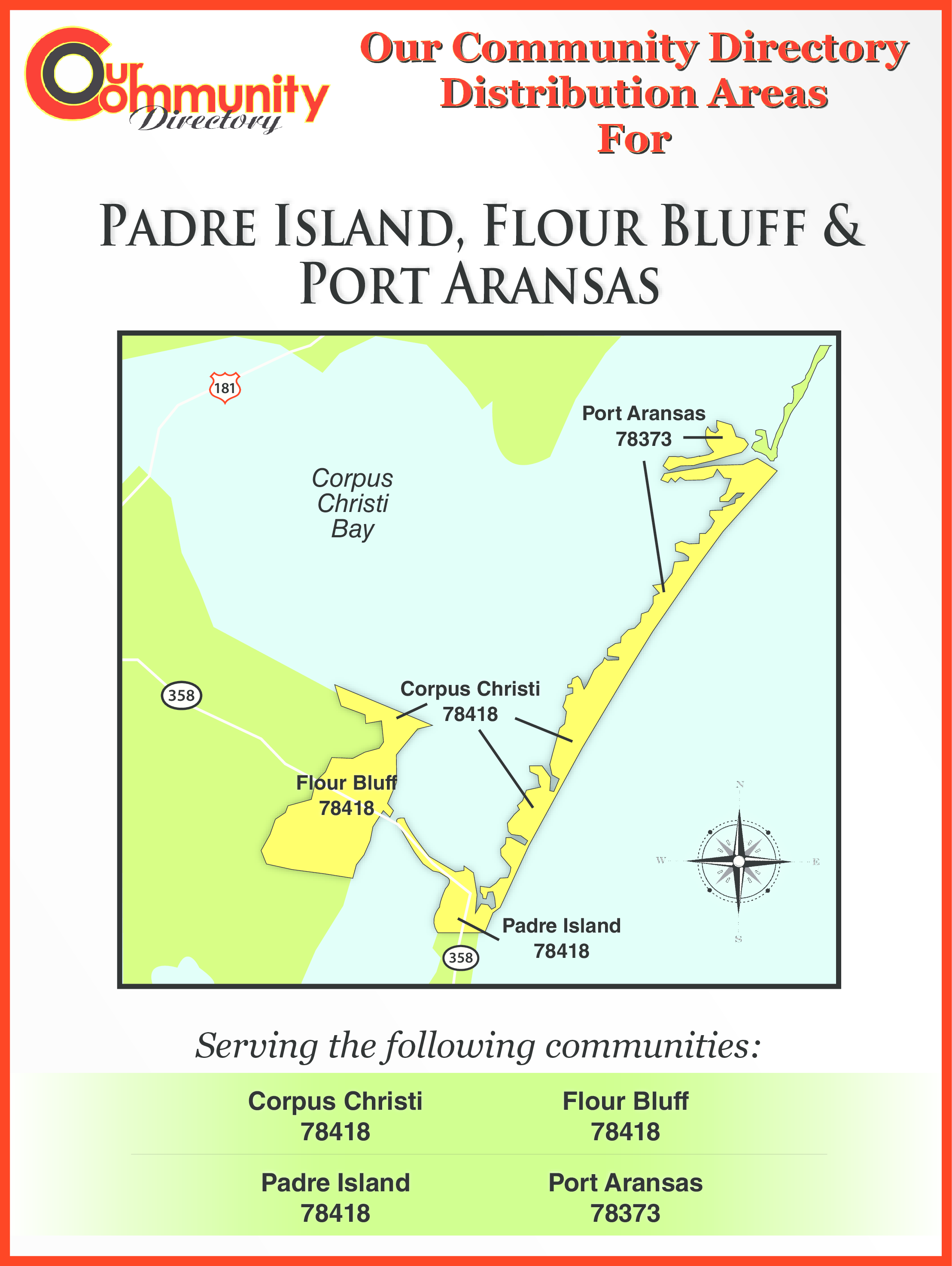 Padre Island, Flour Bluff, Port Aransas, TX Directory Coverage Map